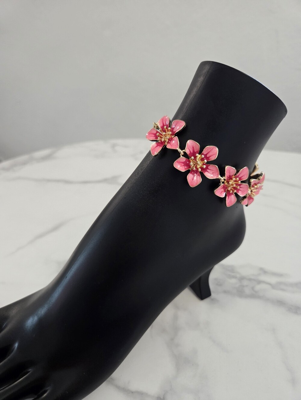 Pink Floral Enamel Gold Tone Anklet Statement Beach Jewelry - Picture 5 of 11